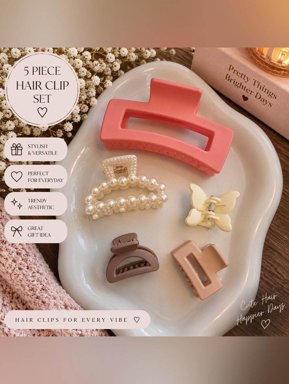 5-Piece Hair Claw Clip Set – Pink, Pearl & Neutral Butterfly New